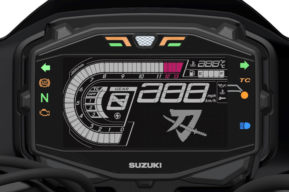 El cuadro de instrumentos de la Suzuki Katana 2019 es una pantalla LCD con el icono de la espada Samurai