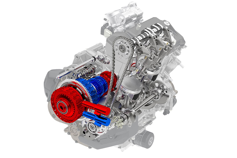 Interior de un motor de moto con sistema de transmisión semiautomática Honda DCT