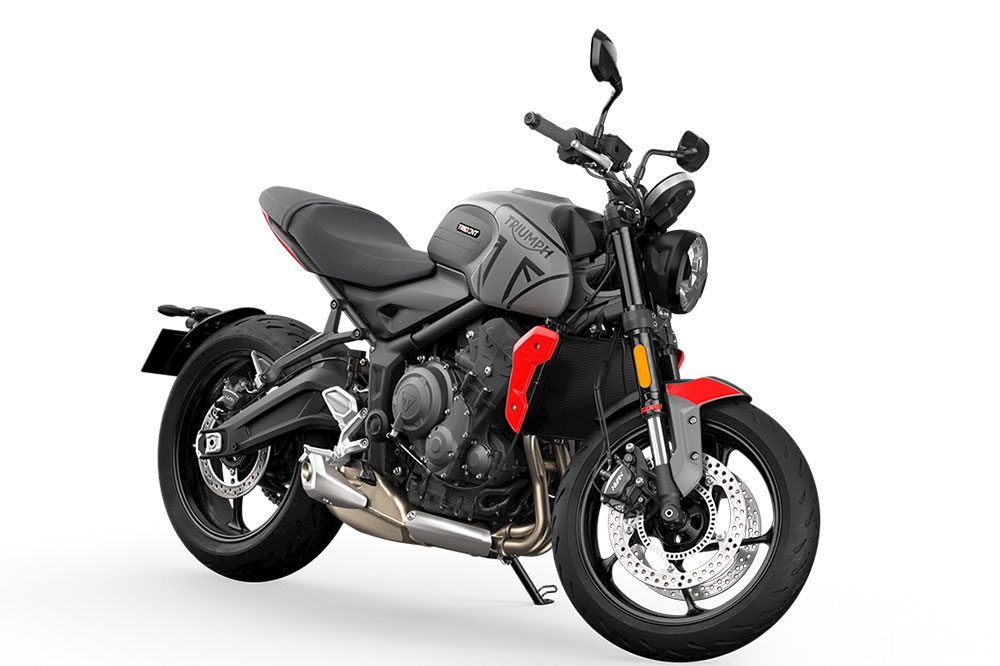 Las tres decoraciones de la Triumph Trident serán en blanco, negro y esta gris con detalles en rojo